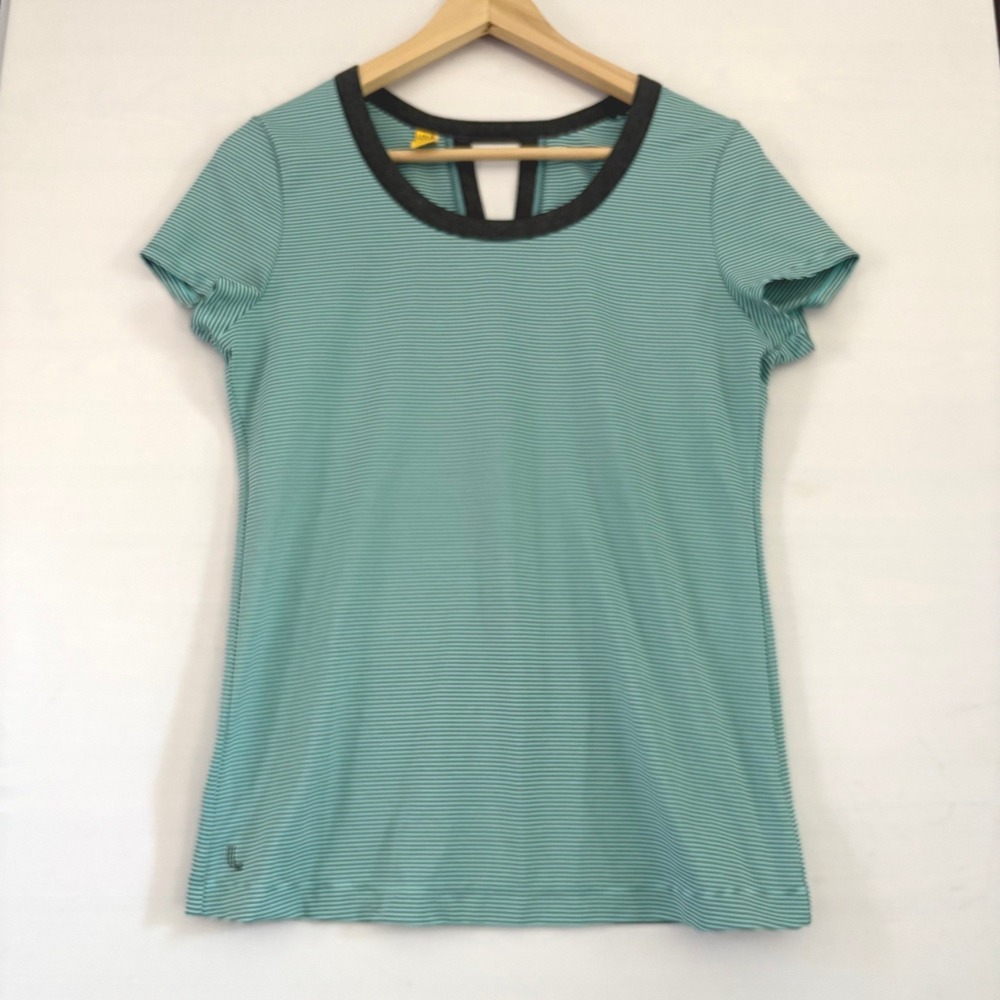 Lole Womens Teal Striped Short Sleeve Activewear Top Keyhole Back Size M